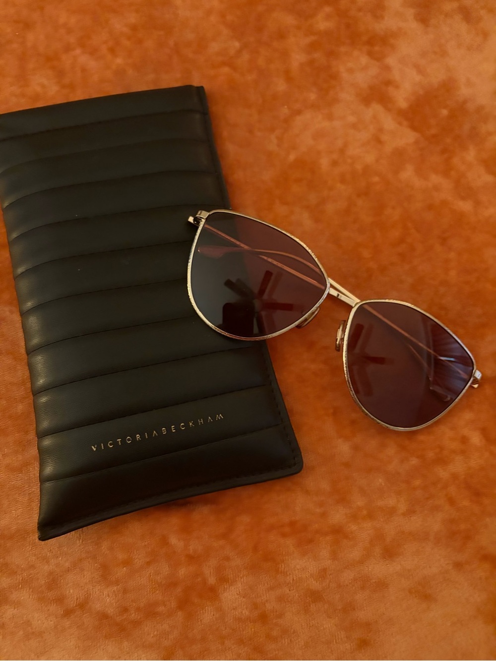 Victoria Beckham Black Quilted Case with Gold-Trim Tinted Aviator Sunglasses